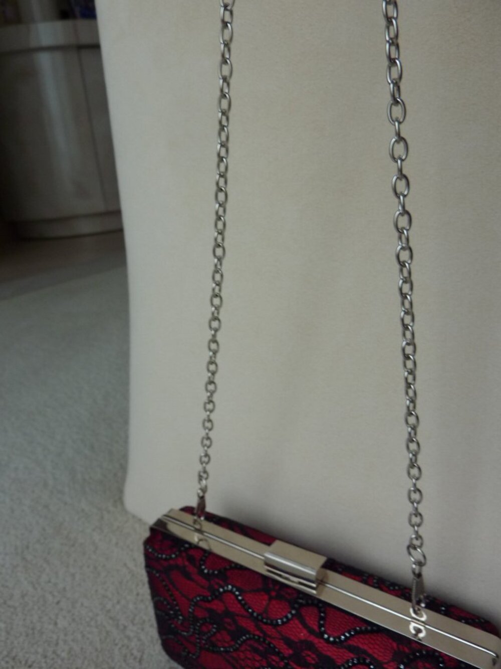 LULU TOWNSEND Red Satin Black Lace Hard Case handbag purse clutch Silver Chain - Picture 11 of 15